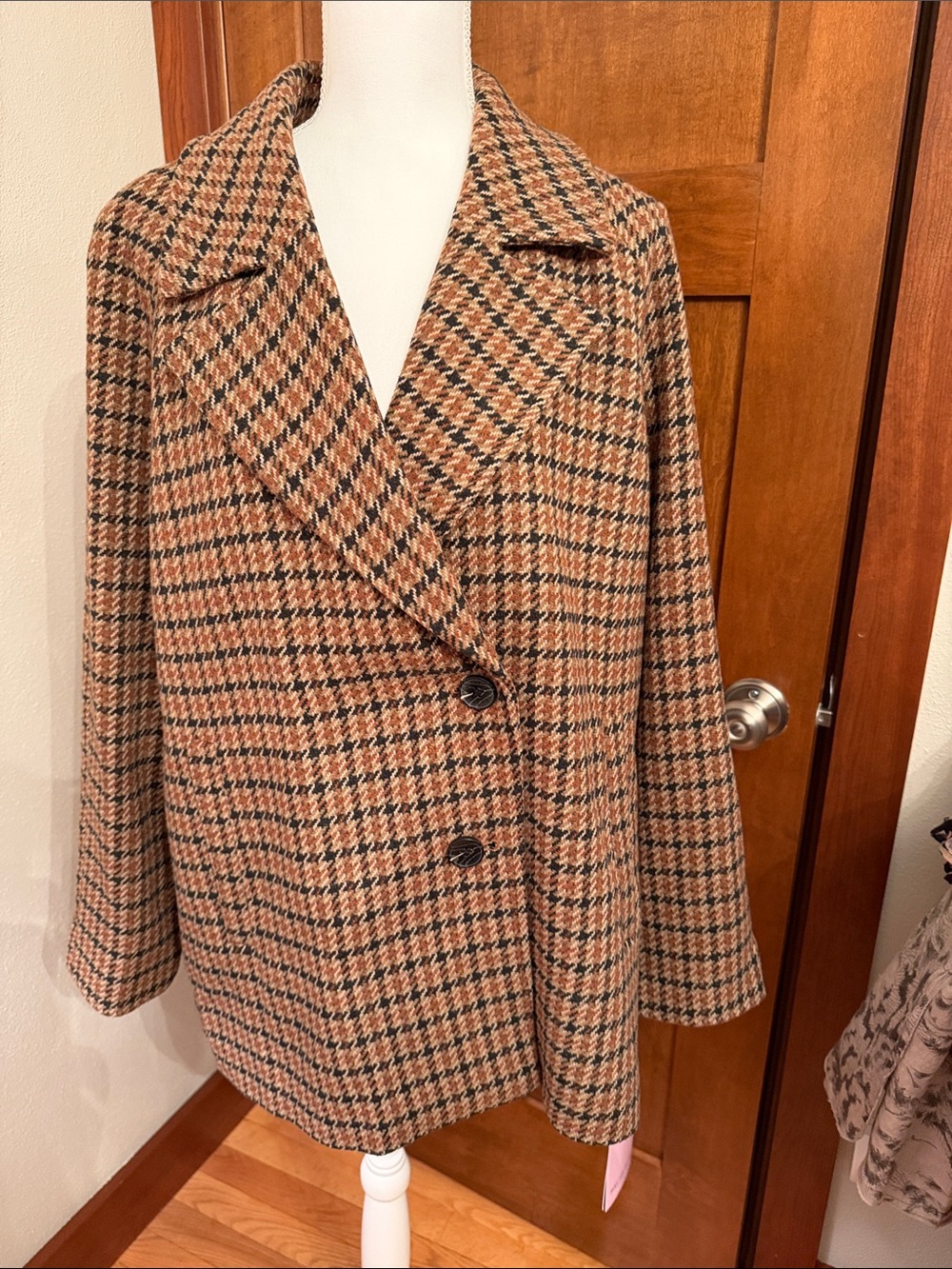 Classic Houndstooth Wool-Blend Coat - Brown/Black